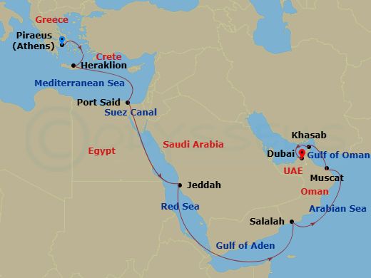 EXPLORA II - 15 Night - A Journey of Ancient Legends & Breathtaking Innovation - EXPLORA II - Starting in Piraeus (Athens), Heraklion, Crete, Port Said, Crossing the Suez.. itinerary map