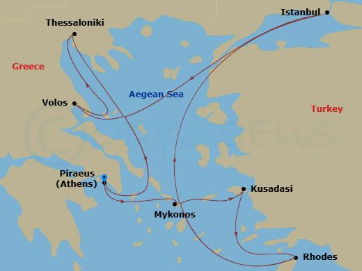 EXPLORA II - 10 Night - A Journey Through Aegean Cultural Gems & Timeless Legends - EXPLORA II - Starting in Piraeus (Athens), Mykonos, Kusadasi, Rhodes, Istanbul, Volos,.. itinerary map