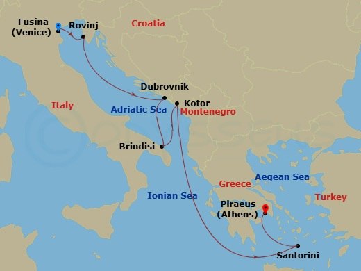 EXPLORA II - 7 Night - A Journey to Adriatic Wonders & Whispered Ancient Secrets - EXPLORA II - Starting in Fusina (Venice), Rovinj, Dubrovnik, Croatia, Brindisi, Kotor, S.. itinerary map