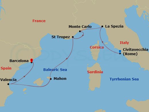 EXPLORA I - 7 Night - A Journey of Mediterranean Wonders from Ancient Secrets to Modren Buzzing Vibes - EXPLORA I - Starting in Rome (Civitavecchia), La Spezia, Monte Car.. itinerary map
