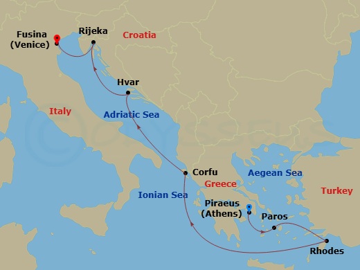 EXPLORA II - 7 Night - A Journey of Lush Landscapes & Golden Enchantment - EXPLORA II - Starting in Piraeus (Athens), Paros, Rhodes, Corfu, Hvar, Rijeka, Fusina (Venice) itinerary map
