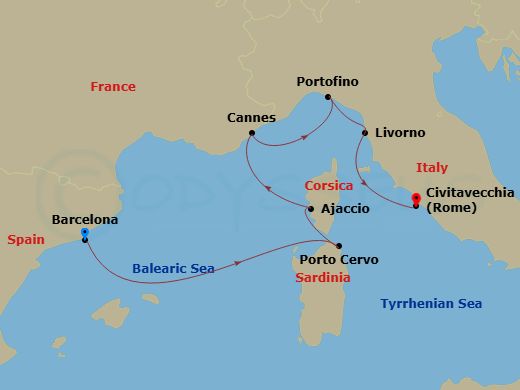 EXPLORA I - 7 Night - A Journey from Elegance & Cultural Essence to Glamour & Antiquities - EXPLORA I - Starting in Barcelona, Porto Cervo (Sardinia), Ajaccio (Corsica),.. itinerary map