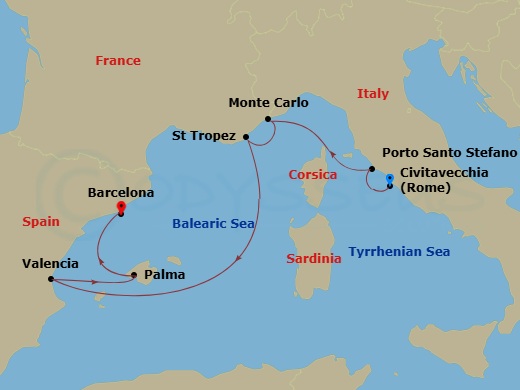 EXPLORA I - 7 Night - A Journey of Antique Treasures to Sumptuous Catalan - EXPLORA I - Starting in Rome (Civitavecchia), Porto Santo Stefano (Argentario), Monte Carlo, S.. itinerary map
