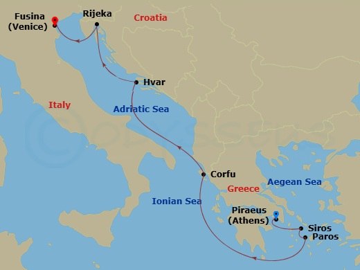 EXPLORA II - 7 Night - A Journey Through Cycladic Charms & Culture-Infused Coastal All - EXPLORA II - Starting in Piraeus (Athens), Syros (Syra), Paros, Corfu, Hvar, Rijek.. itinerary map