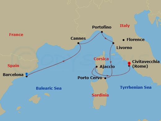 EXPLORA I - 7 Night - A Journey Through the Picturesque Mediterranean & Historic Beauty of the Sparkling Riviera - EXPLORA I - Starting in Barcelona, Cannes, Portofino, L.. itinerary map