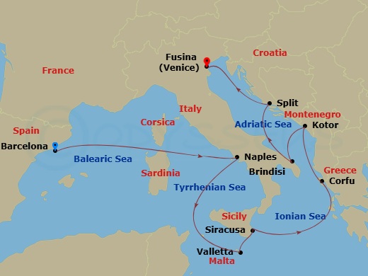 EXPLORA I - 11 Night - A Journey of Creative Spirit & Enchanting Canals - EXPLORA I - Starting in Barcelona, Port of Naples, La Valletta, Siracusa (Sicily), Corfu, Kotor,.. itinerary map