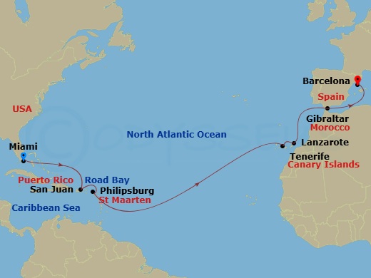 EXPLORA I - 16 Night - A Grand Journey from Levely Latin Charm & Tropical Delights to Modernist Marvels - EXPLORA I - Starting in Miami, San Juan, St Maarten / Philipsbur.. itinerary map
