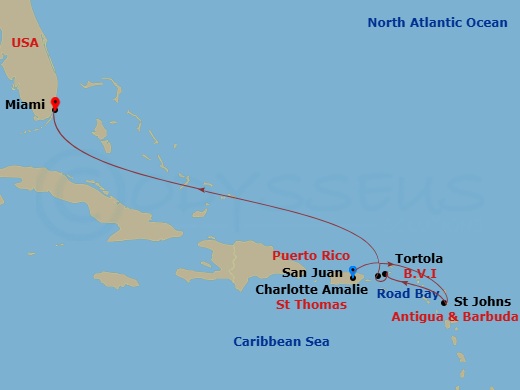 EXPLORA I - 7 Night - A Journey Into Tropical Utopia & Spanish Legacy with Art Deco Flair - EXPLORA I - Starting in San Juan, St Johns AG, Antigua, Road Bay, Spanish Town.. itinerary map