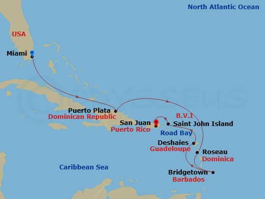 EXPLORA I - 8 Night - A Journey of Latin Flair, Natural Beauty & Vibrant History - EXPLORA I - Starting in Miami, Puerto Plata, Dominican Republic, Roseau, Bridgetown, De.. itinerary map