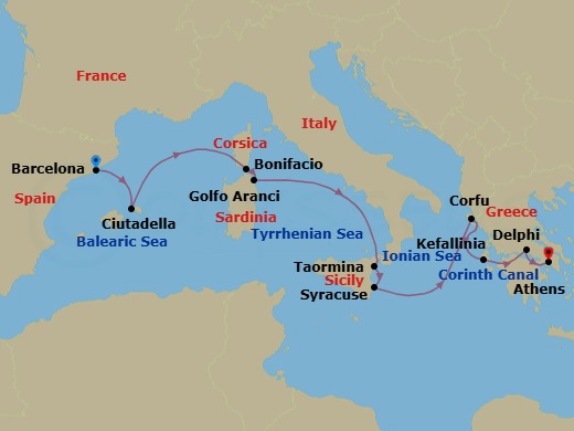 12 Night - Mediterranean Wonders : Sicily, Greece, Sardinia and Beyond - National Geographic Orion - Starting in Barcelona, Spain / Embark Ship, Ciutadella de Menorca, At Sea / Bonifacio, Corsica, France, Bonifacio, Golfo Aranci, Sardinia, Italy, At Sea / Aeolian Islands, Taormina, Sicily, Siracusa / At Sea, Corfu, Greece, Cephalonia, Delphi / Corinth Canal, Athens / Disembark Ship itinerary map