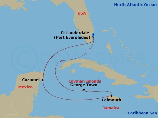 Celebrity Summit - 7 Night - Western Caribbean Cruise - Celebrity Summit - Starting in Fort Lauderdale, Florida, George Town, Grand Cayman, Falmouth, Jamaica, Cozumel, Mexico, F.. itinerary map