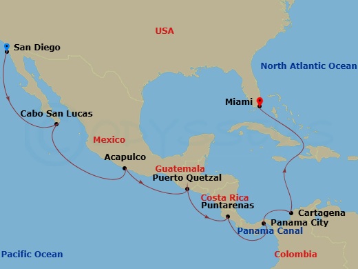 Norwegian Star - 15 Night - Repo - Panama Canal - Norwegian Star - Starting in San Diego, Ca, Cabo San Lucas, Mexico, Acapulco, Mexico, Puerto Quetzal, Guatemala, Puntarenas /.. itinerary map
