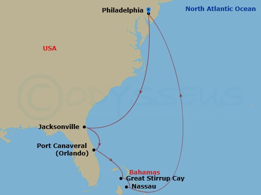 NCL Norwegian Pearl - 8 Night - Bahamas - Short - NCL Norwegian Pearl - Starting in Philadelphia, Pa, Jacksonville, Florida, Orlando Beaches / Port Canaveral, Fl, Great Stirrup Cay.. itinerary map
