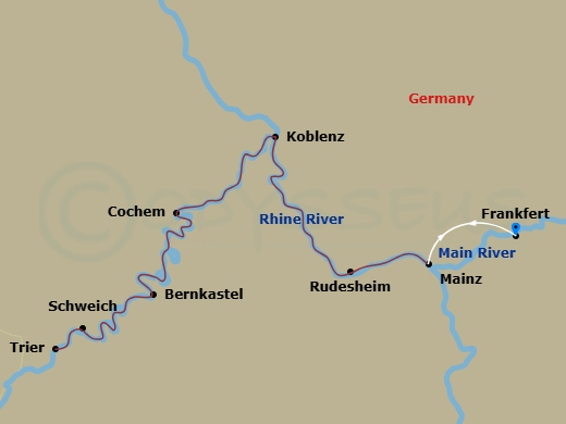 Emerald Astra - 7 Night - Legendary Rhine & Moselle - Emerald Astra - Starting in Frankfurt Airport / Mainz, Rudesheim, Bernkastel, Trier (Schweich), Cochem, Koblenz, Mainz,.. itinerary map