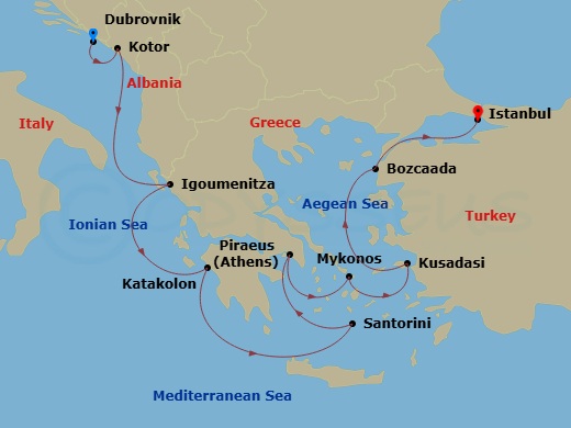 Oceania Regatta - 10 Night - Bridge to the Bosphorus - Oceania Regatta - Starting in Dubrovnik, Croatia, Kotor, Igoumenitsa, Katakolon, Santorini, Athens (Piraeus), Mykonos, Ep.. itinerary map