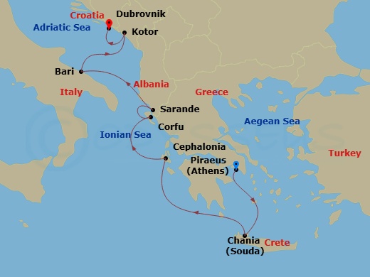 Oceania Regatta - 7 Night - Adriatic Awakening - Oceania Regatta - Starting in Athens (Piraeus), Chania (Crete), Argostoli (Cephalonia), Corfu, Sarande, Bari, Kotor, Dubrovnik,.. itinerary map