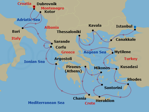 17 Night - Mythic Mediterranean - Oceania Regatta - Starting in Istanbul, Canakkale (Troy), Kavala / Philippi, Thessaloniki, Mitilini (Lesbos), Ephesus (Kusadasi), Rhodes, Heraklion (Crete), Santorini, Mykonos, Athens (Piraeus), Chania (Crete), Argostoli (Cephalonia), Corfu, Sarande, Bari, Kotor, Dubrovnik, Croatia itinerary map
