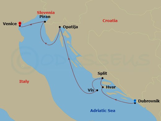 World Traveller - 7 Night - Dubrovnik to Venice - World Traveller - Starting in Dubrovnik (Old Town), Hvar Island, Split, Vis Island, Croatia, Opatija, Piran, Venice, Italy itinerary map