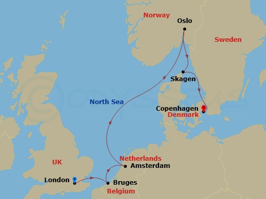 World Voyager - 8 Night - London to Copenhagen - World Voyager - Starting in London (Tower Bridge), Zeebrugge (Bruges), Amsterdam, Oslo, Skagen, Copenhagen itinerary map