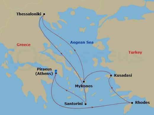 Celebrity Infinity - 7 Night - Best of Greece Cruise - Celebrity Infinity - Starting in Athens (Piraeus), Greece, Rhodes, Greece, Ephesus (Kusadasi), Turkey, Mykonos, Greece, Thes.. itinerary map