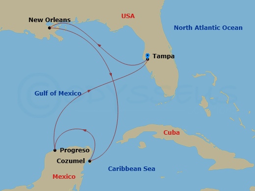 Margaritaville Islander - 7 Night - New Orleans & Mexico - Margaritaville Islander - Starting in Port Tampa Bay, New Orleans, La, Cozumel, Mexico, Progreso, Mexico, Port Tampa Bay itinerary map