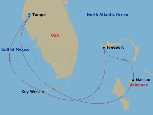 Margaritaville Islander - 6 Night - Key West & Bahamas - Margaritaville Islander - Starting in Port Tampa Bay, Key West, FL, Freeport, Grand Bahama, Nassau, Bahamas, Port Tampa Bay itinerary map