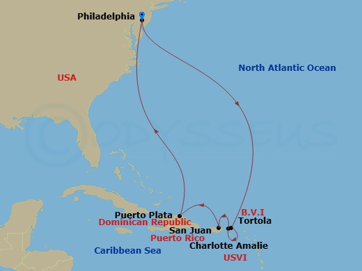 NCL Norwegian Pearl - 10 Night - Caribbean - NCL Norwegian Pearl - Starting in Philadelphia, Pa, Tortola, British Virgin Islands, St Thomas, Vi, San Juan, Pr, Puerto Plata, Dominic.. itinerary map