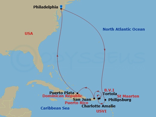 NCL Norwegian Pearl - 11 Night - Caribbean - NCL Norwegian Pearl - Starting in Philadelphia, Pa, Philipsburg, St Maarten, Netherland Antilles, St Thomas, Vi, Tortola, British Virgi.. itinerary map