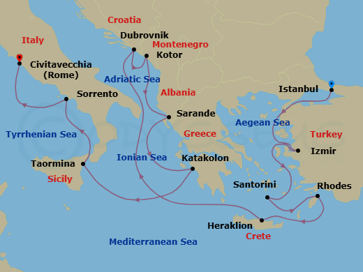 14 Night - Mediterranean Mosaic - Oceania Sirena - Starting in Istanbul, Izmir, Santorini, Rhodes, Heraklion (Crete), Dubrovnik, Croatia, Kotor, Sarande, Katakolon, Taormina (Sicily), Sorrento / Capri, Rome (Civitavecchia) itinerary map