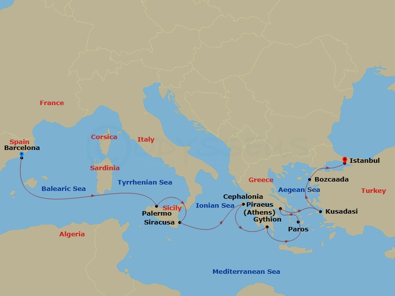 Oceania Sirena - 10 Night - Visions of Byzantium - Oceania Sirena - Starting in Barcelona, Palermo (Sicily), Syracuse (Sicily), Argostoli (Cephalonia), Gythion, Paros, Athens.. itinerary map