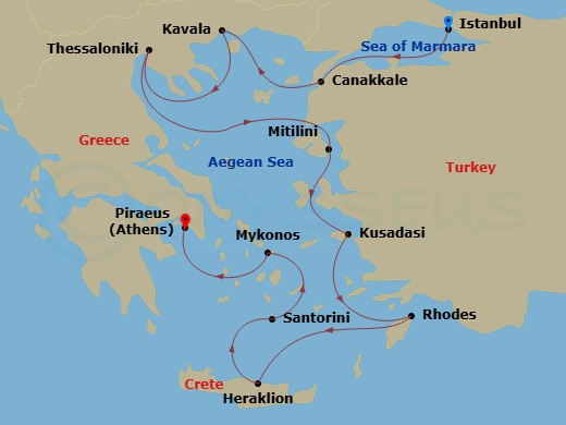 Oceania Regatta - 10 Night - Hellenic Explorer - Oceania Regatta - Starting in Istanbul, Canakkale (Troy), Kavala / Philippi, Thessaloniki, Mitilini (Lesbos), Ephesus (Kusadasi.. itinerary map