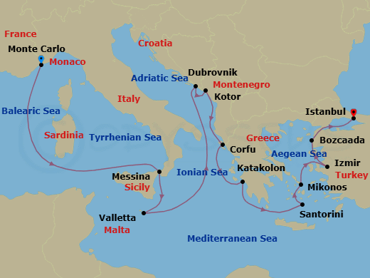14 Night - Adriatic & Aegean Radiance - Oceania Regatta - Starting in Monte Carlo, Messina (Sicily), Valletta, Dubrovnik, Croatia, Kotor, Corfu, Katakolon, Santorini, Mykonos, Izmir, Bozcaada (Troy), Istanbul itinerary map