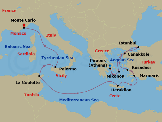 12 Night - Minarets & Mosaics - Oceania Regatta - Starting in Athens (Piraeus), Mykonos, Istanbul, Canakkale (Troy), Ephesus (Kusadasi), Marmaris, Heraklion (Crete), Tunis (La Goulette), Palermo (Sicily), Monte Carlo itinerary map
