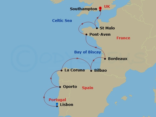 Oceania Sirena - 7 Night - Vineyards & Vistas - Oceania Sirena - Starting in Lisbon, Oporto, La Coruna, Bilbao, Bordeaux (Le Verdon), Pont-Aven (Concarneau), Saint-malo, Londo.. itinerary map
