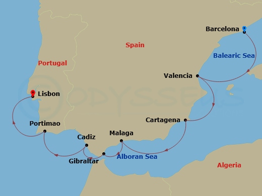 Oceania Sirena - 7 Night - Stars of Spain & Portugal - Oceania Sirena - Starting in Barcelona, Valencia, Cartagena ES, Malaga, Gibraltar, Seville (Cadiz), Portimao, Lisbon itinerary map