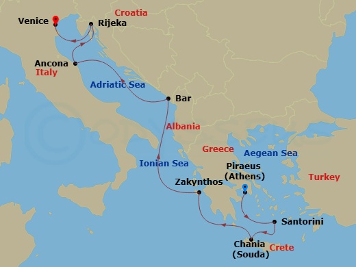 Oceania Sirena - 7 Night - Route of the Doges - Oceania Sirena - Starting in Athens (Piraeus), Santorini, Chania (Crete), Zakynthos, Montenegro, Umbria (Ancona), Rijeka, Venic.. itinerary map