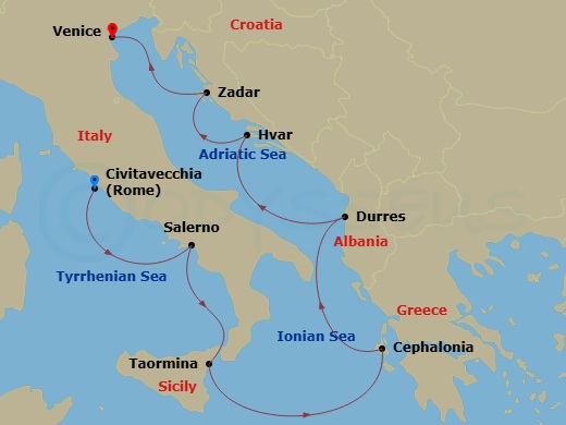 Oceania Sirena - 7 Night - Adriatic & Ionian Artistry - Oceania Sirena - Starting in Rome (Civitavecchia), Salerno, Taormina (Sicily), Argostoli (Cephalonia), Tirana (Durres),.. itinerary map
