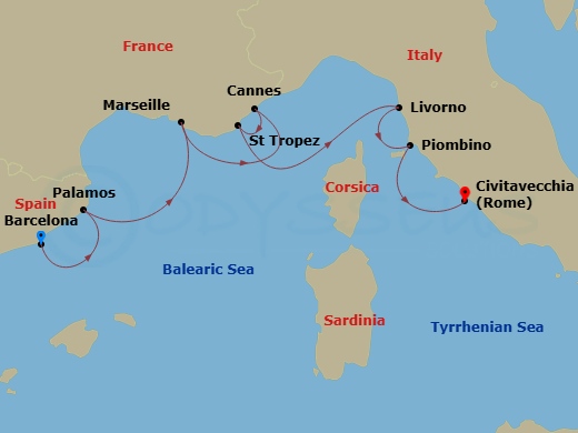Oceania Sirena - 7 Night - Yachting Havens - Oceania Sirena - Starting in Barcelona, Palamos, Provence (Marseille), Cannes, Saint-Tropez, Florence / Pisa / Tuscany (Livorno),.. itinerary map