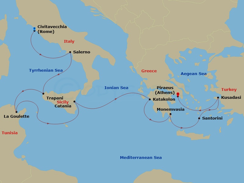 Oceania Nautica - 10 Night - Italian & Aegean Idyll - Oceania Nautica - Starting in Rome (Civitavecchia), Salerno, Trapani (Sicily), Tunis (La Goulette), Catania (Sicily), Kata.. itinerary map