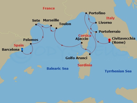 Oceania Nautica - 10 Night - Charmed Rivieras - Oceania Nautica - Starting in Barcelona, Palamos, Sete, Provence (Marseille), Toulon, Ajaccio (Corsica), Golfo Aranci, Portofino.. itinerary map