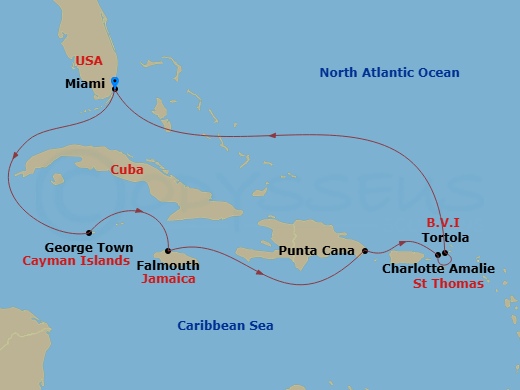 Oceania Nautica - 10 Night - Caribbean Melodies - Oceania Nautica - Starting in Miami, George Town, Falmouth, Punta Cana, Charlotte Amalie, Tortola, Miami itinerary map