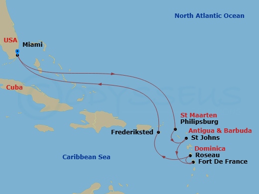 Oceania Nautica - 10 Night - Caribbean Horizons - Oceania Nautica - Starting in Miami, Philipsburg, St Johns, Fort-de-France, Roseau, Frederiksted, Miami itinerary map