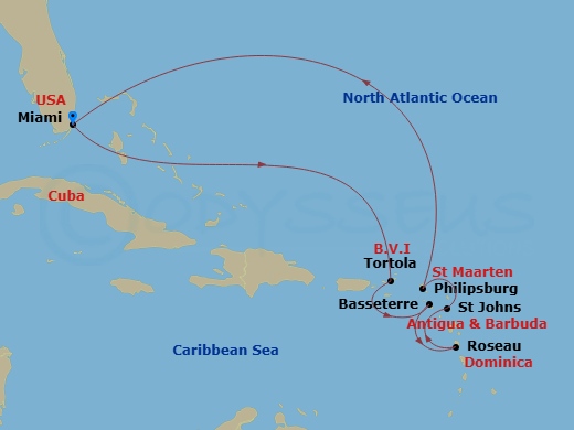 Oceania Nautica - 10 Night - Leeward & Windward Gems - Oceania Nautica - Starting in Miami, Tortola, Basseterre, Roseau, St Johns, Philipsburg, Miami itinerary map