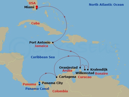 Oceania Nautica - 10 Night - Canal & Caribbean Discovery - Oceania Nautica - Starting in Panama City, Panama Canal Daylight Transit, Cartagena CO, Kralendijk, Willemstad AN, Or.. itinerary map