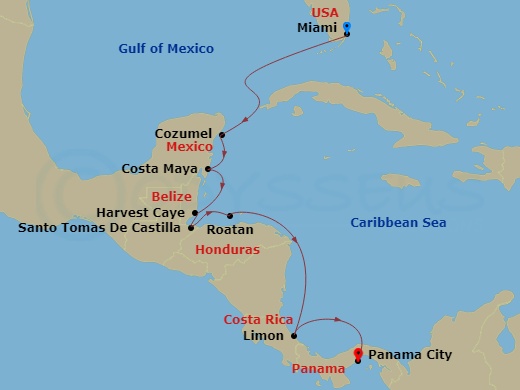 Oceania Nautica - 10 Night - Passage to Panama - Oceania Nautica - Starting in Miami, Cozumel, Mexico, Costa Maya, Mexico, Harvest Caye, Santo Tomas, Roatan, Puerto Limon, Pana.. itinerary map