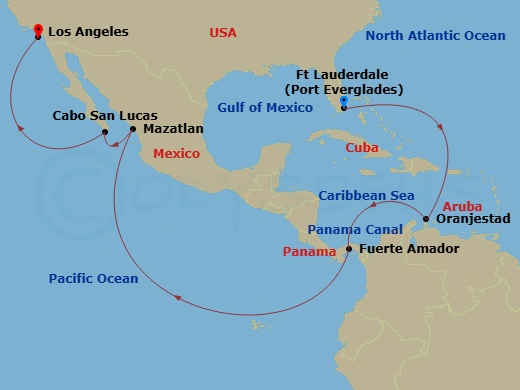 Star Princess - 16 Night - Panama Canal - Ocean to Ocean - Star Princess - Starting in Fort Lauderdale, Florida, Aruba, Panama Canal Full Transit New Locks, Fuerte Amador, Pa.. itinerary map
