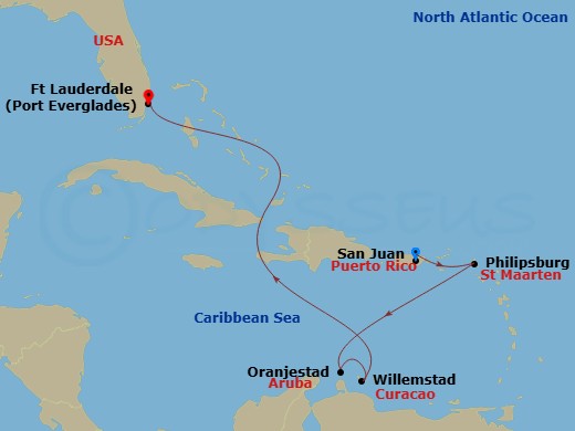 Crown Princess - 7 Night - Southern Caribbean with Abc Islands - Crown Princess - Starting in San Juan, Puerto Rico, St Maarten, Aruba, Curacao, Fort Lauderdale, Florida itinerary map