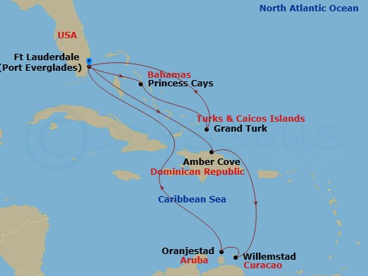 Regal Princess - 13 Night - Southern / Eastern Caribbean Adventurer - Regal Princess - Starting in Fort Lauderdale, Florida, Amber Cove, Dominican Republic, Curacao, Aruba, Fo.. itinerary map