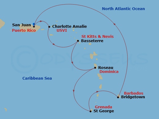 Crown Princess - 7 Night - Southern Caribbean with Barbados and Tortola - Crown Princess - Starting in San Juan, Puerto Rico, St Thomas, US Virgin Islands, St Kitts, Dominica,.. itinerary map