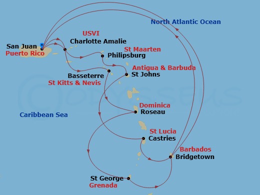 Crown Princess - 14 Night - Southern Caribbean Adventurer - Crown Princess - Starting in San Juan, Puerto Rico, St Thomas, US Virgin Islands, St Maarten, Antigua, St Lucia, Ba.. itinerary map